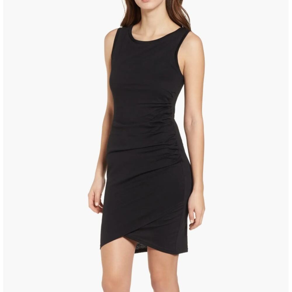 Leith Solid Black Knit Ruched Cinch Side Sleeveless Bodycon Mini Tank Dress